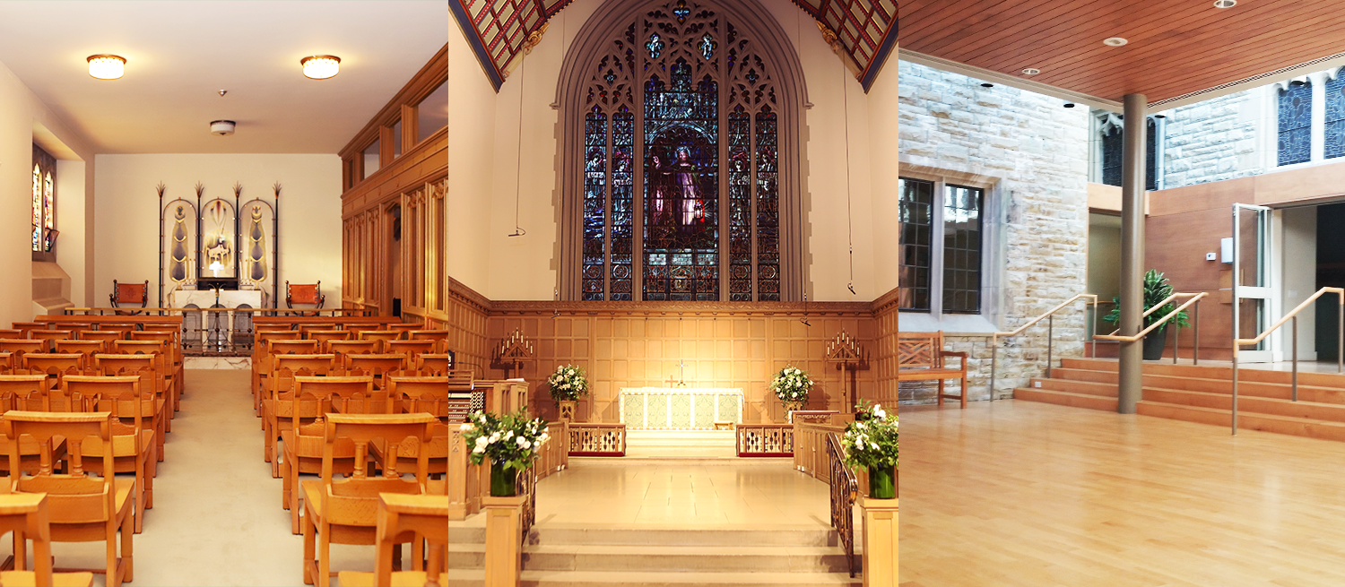 Photos of different spaces at TEMC (West Chapel, Chancel, Atrium)